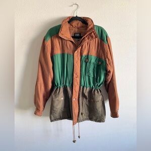 Vintage Scorpio USA 90s brown and green 100% silk puffer jacket